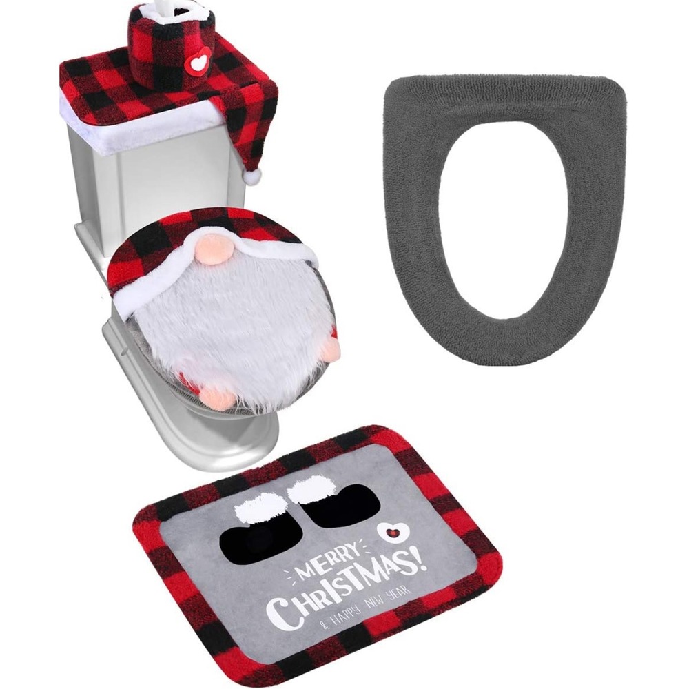 Gnome Christmas Toilet‎ Seat Cover & Rug Set Red and Black Plaid